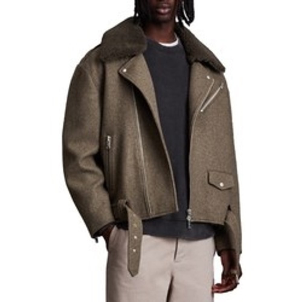 AllSaints Men Brown Italian Cloth Wool Blend Biker Jacket Shearling Collar Small